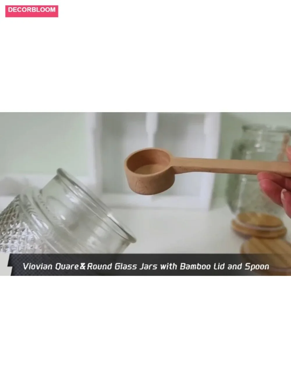 Set of 2 Glass Jars with Bamboo Lids and Wood Spoons, 60 oz Airtight Food